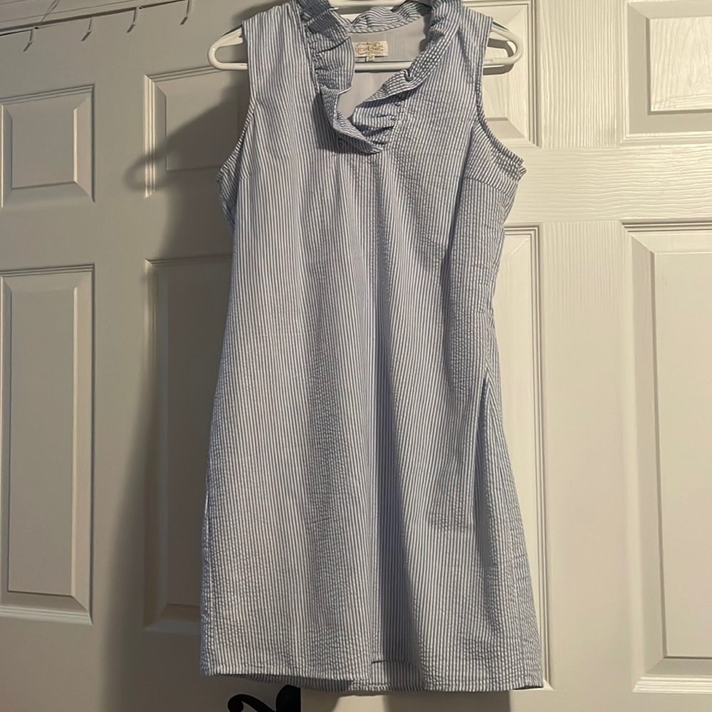 Mud Pie Blue and White Striped Sleeveless Ruffle Collar Dress